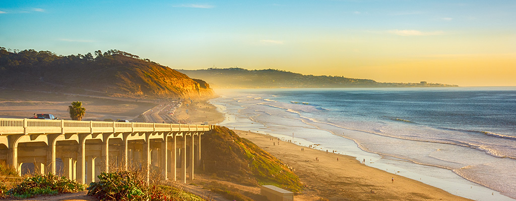 A bridge on the 101 along the beach in Del Mar, California, located just north of San Diego