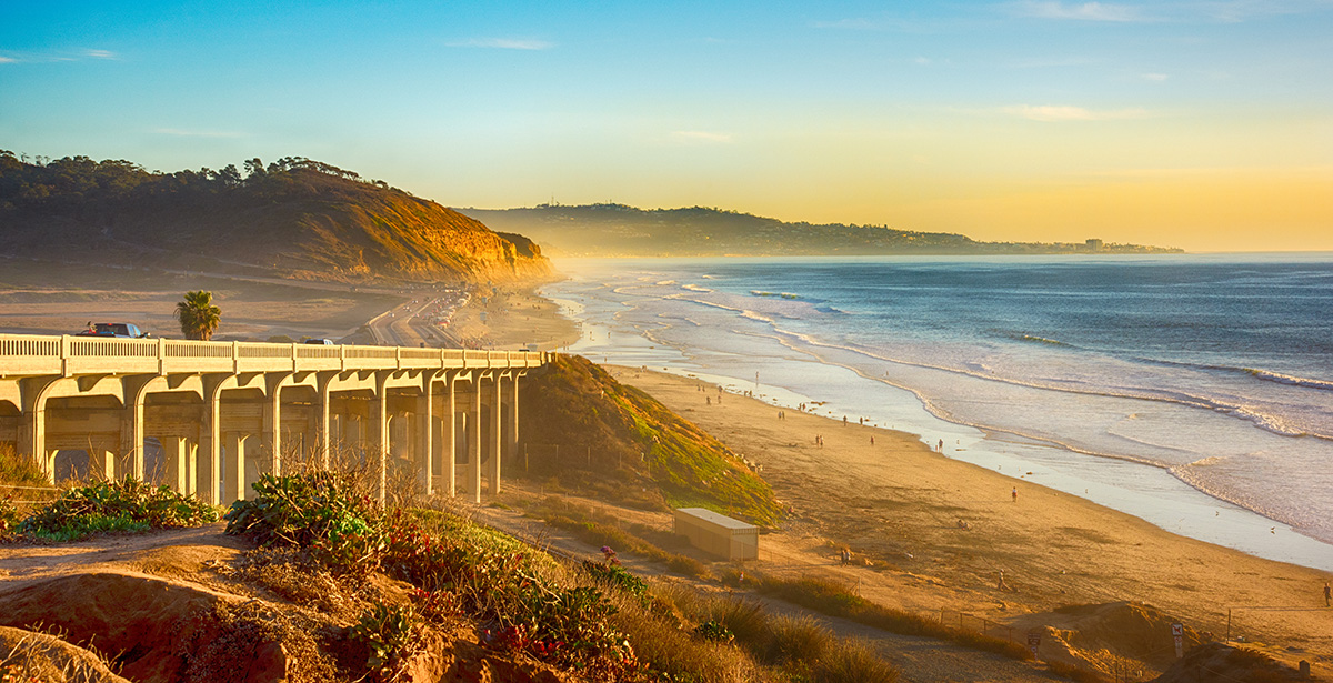 A bridge on the 101 along the beach in Del Mar, California, located just north of San Diego.